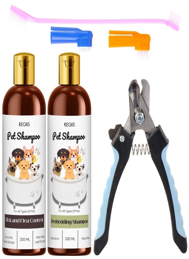 مجموعة العناية بالحيوانات الأليفة مع مقص أظافر للكلاب، وشامبو لإزالة الشعر الزائد، وشامبو لمكافحة القراد، 200 مل لكل منها (عبوة من 4 قطع) - Image 1